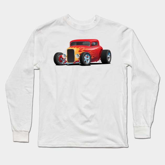 Classic Bold Red Custom Street Rod Car with Yellow and Orange Hotrod Flames Long Sleeve T-Shirt by hobrath